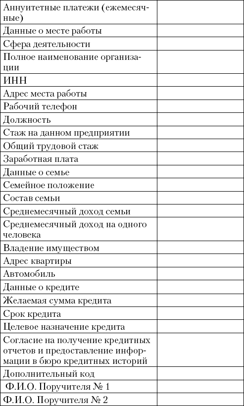 постояного анкеты бланк клиента