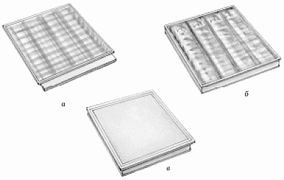 Виды растровых светильников: а – с белым растром; б – с зеркальным